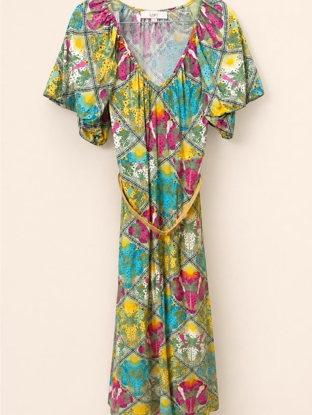 LOFT Yellow Blue Pink Floral Midi Dress